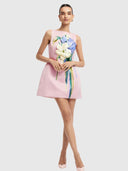 Ali Embroidered Boat Neck Mini - Bouquet Print in Pastel Pink