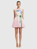 Ali Embroidered Boat Neck Mini - Bouquet Print in Pastel Pink