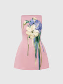 Ali Embroidered Boat Neck Mini - Bouquet Print in Pastel Pink