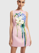 Ali Embroidered Boat Neck Mini - Bouquet Print in Pastel Pink