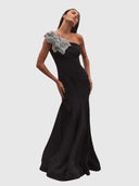 Crepe One Shoulder Gown - With Crystal Flower Black
