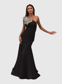 Crepe One Shoulder Gown - With Crystal Flower Black