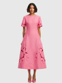 Caroline Applique Short - Sleeve Midi Dress Fuchsia