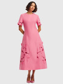 Caroline Applique Short - Sleeve Midi Dress Fuchsia