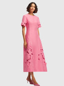 Caroline Applique Short - Sleeve Midi Dress Fuchsia