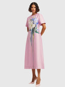 Caroline Short - Sleeve Midi Dress Bouquet Print In Pastel Pink