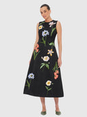 Cleo Embroidery Midi Dress - Botanical Print In Ebony