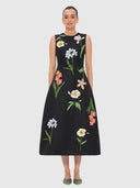 Cleo Embroidery Midi Dress - Botanical Print In Ebony