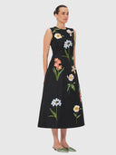 Cleo Embroidery Midi Dress - Botanical Print In Ebony
