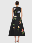 Cleo Embroidery Midi Dress - Botanical Print In Ebony