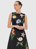 Cleo Embroidery Midi Dress - Botanical Print In Ebony
