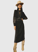 Edith Linen Viscose Embroidered Midi Dress - Black