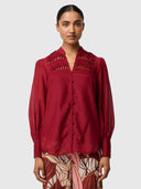 Gillian Cotton Silk Smocked Shirt - Ruby