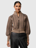Jeanne Wool Blend Textured Knit Bomber - Tan Chevron