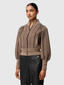 Jeanne Wool Blend Textured Knit Bomber - Tan Chevron
