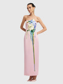 Rayna Embroidered Bustier Maxi Dress - Bouquet Print in Pastel Pink