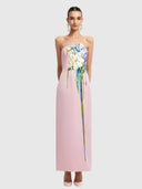 Rayna Embroidered Bustier Maxi Dress - Bouquet Print in Pastel Pink
