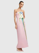 Rayna Embroidered Bustier Maxi Dress - Bouquet Print in Pastel Pink