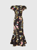 Sofia Embellished Puff Sleeve Maxi Dress - Lemon Vine Print in Ebony