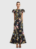 Sofia Embellished Puff Sleeve Maxi Dress - Lemon Vine Print in Ebony