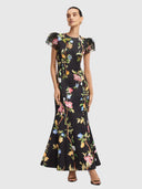 Sofia Embellished Puff Sleeve Maxi Dress - Lemon Vine Print in Ebony