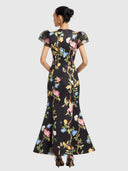 Sofia Embellished Puff Sleeve Maxi Dress - Lemon Vine Print in Ebony