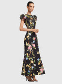 Sofia Embellished Puff Sleeve Maxi Dress - Lemon Vine Print in Ebony