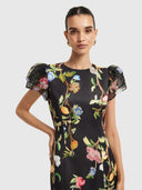 Sofia Embellished Puff Sleeve Maxi Dress - Lemon Vine Print in Ebony