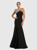 Crepe One Shoulder Gown - With Crystal Flower Black