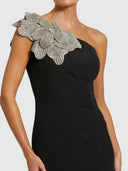 Crepe One Shoulder Gown - With Crystal Flower Black