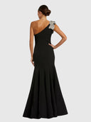 Crepe One Shoulder Gown - With Crystal Flower Black