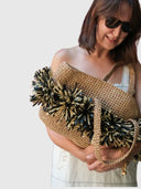 Terra Pompom Tote with Long Handles – Natural/Black