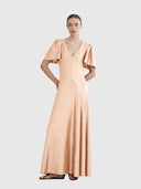 V Neck Fluted Como Maxi Dress - Powder Pink