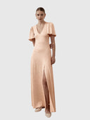 V Neck Fluted Como Maxi Dress - Powder Pink