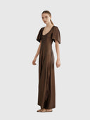 Scooped Neck Fluted Como Maxi Dress - Tuscan Clay Metallic Stretch