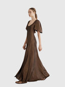 Scooped Neck Fluted Como Maxi Dress - Tuscan Clay Metallic Stretch