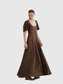 Scooped Neck Fluted Como Maxi Dress - Tuscan Clay Metallic Stretch