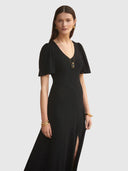 V Neck Fluted Como Maxi Dress - Black