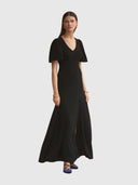 V Neck Fluted Como Maxi Dress - Black