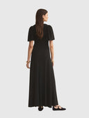 V Neck Fluted Como Maxi Dress - Black
