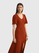 V-Neck Fluted Como Maxi Dress - Rust