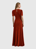 V-Neck Fluted Como Maxi Dress - Rust