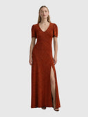 V-Neck Fluted Como Maxi Dress - Rust