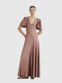 V Neck Fluted Como Maxi Dress - Pink Nutmeg