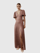 V Neck Fluted Como Maxi Dress - Pink Nutmeg